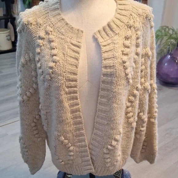 NEW LUCKY BRAND Bobble Diamond Oatmeal Wool Blend Knit Cardigan Sweater - Picture 4 of 9